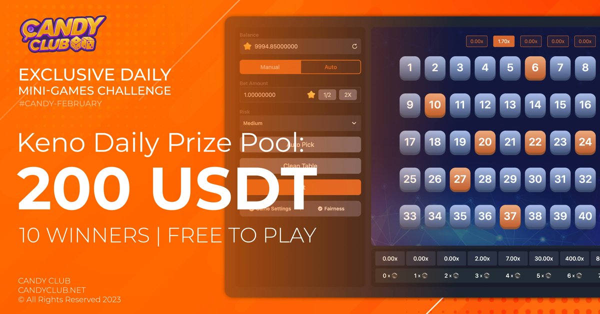candycryptoclub's tweet photo. Play #KENO &amp; Win 2️⃣0️⃣0️⃣ #USDT today! 

💵 200 USDT prize pool
🥳 50 Winners 
⚡️ Win everyday in Feb #CandyFebruary

Free to play! Sign up today and get a Registration Bonus👇🏻 https://t.co/kww524d9RX https://t.co/cxrBdgMIOH