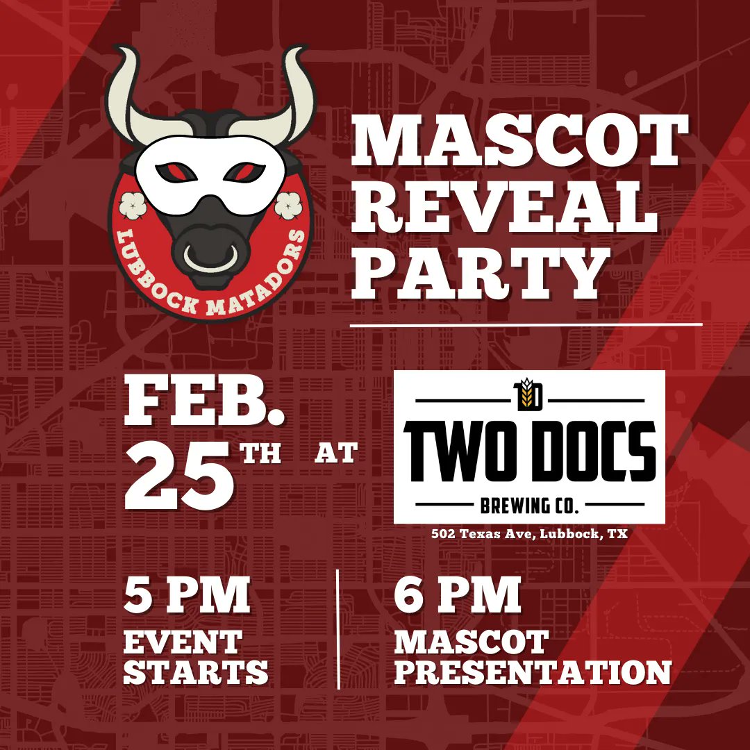 AllianceCUTX's tweet photo. TOMORROW!
Join us and the @LubbockMatadors at @twodocs this Saturday, February 25th from 5-7 PM to welcome their new mascot! #LBKBuilt https://t.co/Gt1coLgD7C