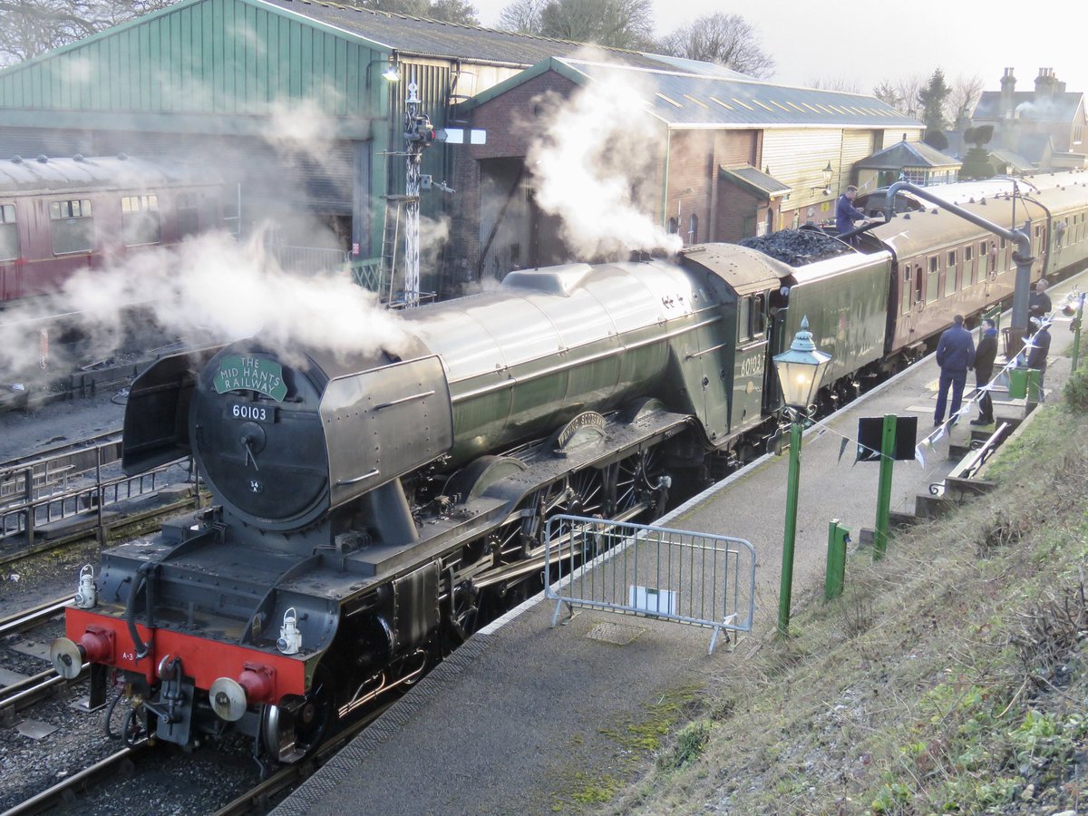 brownandrew15's tweet photo. 100 years of Flying Scotsman and still going… seen here on it’s visit to the @Watercress_Line in February 2020, and passing #Egham and #Winchester in May and June 2021 on rail tours. #LNERA3 #GresleyA3Pacific #FlyingScotsman #FlyingScotsman100 @RailwayMuseum https://t.co/tONh2xwPkW