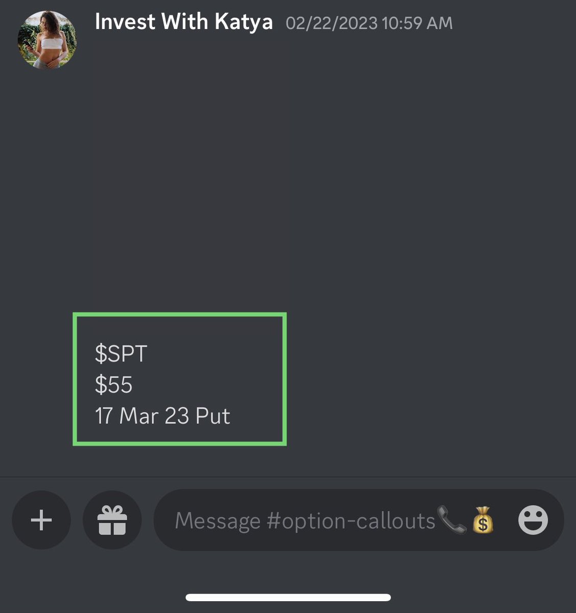 InvestWithKatya's tweet photo. 🟢 $SPT $1,100 +31% ‼️‼️

Called it in the chat 2 days ago, hitting well today, securing gains and waiting for the other plays to cook.

Join us here👇🏾

💬FREE discord chat 📲 https://t.co/Qolpi1W9O3

🔶Premium chat📲 https://t.co/lN6a8YH5w2

#OptionsTrading #stonks #StockMarket https://t.co/Q4Ze35whoC