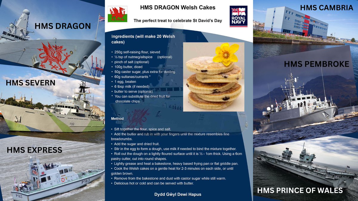Royal Navy Engagement (@rnengagement_ra) on Twitter photo Dydd Gŵyl Dewi Hapus (Happy #StDavidsDay) from #RNAttract Central! We’re celebrating alongside Wales affiliated ships - <a href="/HMSPWLS/">HMS Prince of Wales</a> <a href="/HMSDragon/">HMS Dragon</a> <a href="/HMSScottRN/">HMS Scott</a> @HMSSevern @HMS_Pembroke <a href="/HMSExpress/">HMS EXPRESS</a> and our <a href="/RNReserve/">Royal Naval Reserve</a> at <a href="/HMSCambria/">HMS Cambria</a>. Make your own delicious welshcakes with our recipe. Dydd Gŵyl Dewi Hapus (Happy #StDavidsDay) from #RNAttract Central! We’re celebrating alongside Wales affiliated ships - <a href="/HMSPWLS/">HMS Prince of Wales</a> <a href="/HMSDragon/">HMS Dragon</a> <a href="/HMSScottRN/">HMS Scott</a> @HMSSevern @HMS_Pembroke <a href="/HMSExpress/">HMS EXPRESS</a> and our <a href="/RNReserve/">Royal Naval Reserve</a> at <a href="/HMSCambria/">HMS Cambria</a>. Make your own delicious welshcakes with our recipe.