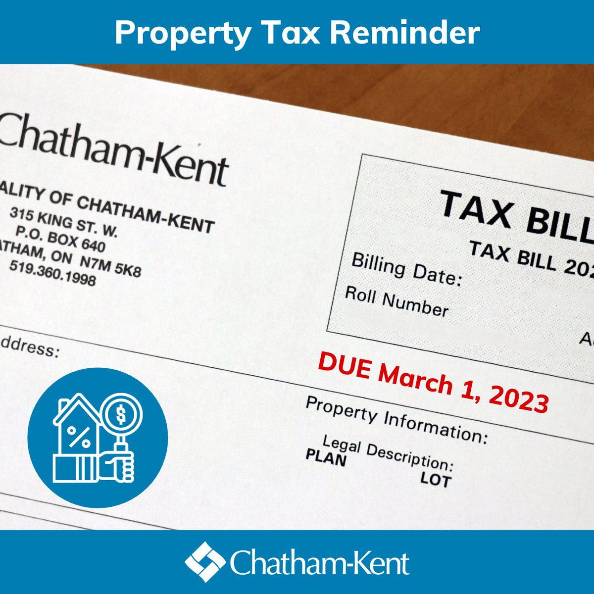 ⏱️ The deadline for property taxes is next Wednesday, March 1st. 📲 If you have not received a property tax bill or have questions about your bill or payment, please call 3-1-1 to update your information. #ckont