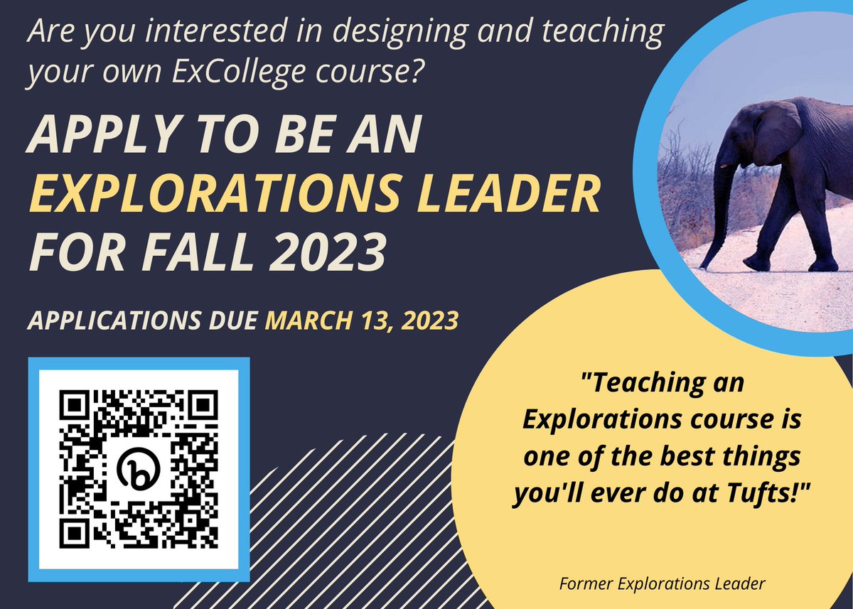 TuftsEngineer's tweet image. Interested in designing and teaching your own Tufts @ExCollege course? Rising juniors and seniors are encourage to apply by March 13. Teach and advise first-year students and participate in the teaching practicum. bit.ly/3YT0I4t
