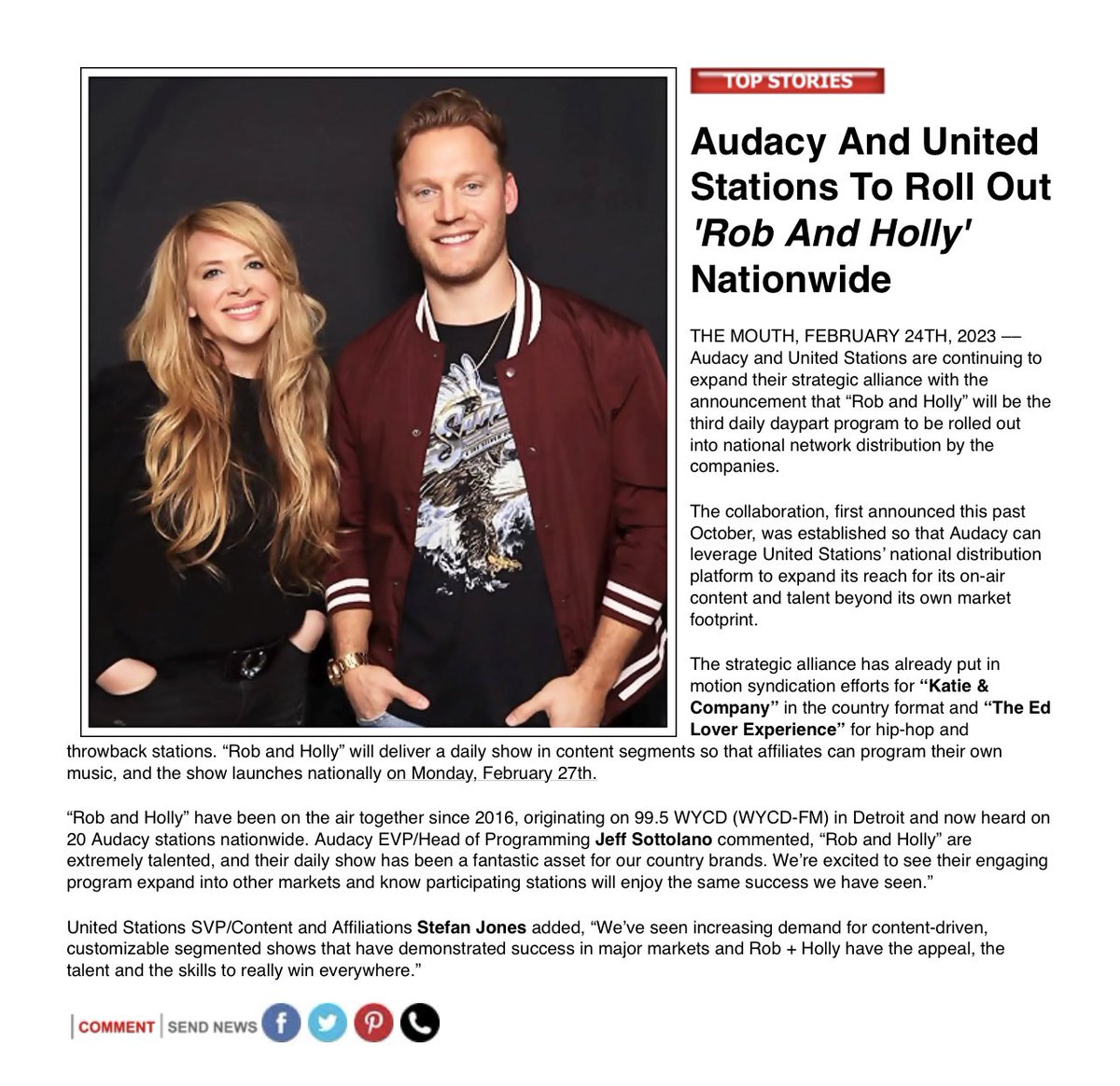 Bobby Bones (@mrbobbybones) on Twitter photo Congrats to Rob and Holly. I havenāt met them. But have heard really good things. Love to see expansion: and people being great examples in the industry. Great work guys . Come to Nash. Lets have dinner. I want all your ideas . <a href="/RobandHollyShow/">The Rob + Holly Show!</a> Congrats to Rob and Holly. I havenāt met them. But have heard really good things. Love to see expansion: and people being great examples in the industry. Great work guys . Come to Nash. Lets have dinner. I want all your ideas . <a href="/RobandHollyShow/">The Rob + Holly Show!</a>
