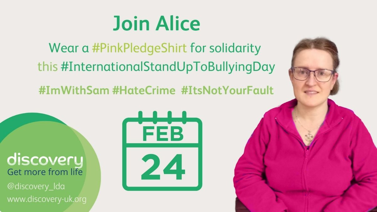 DiscoveryLDA's tweet photo. On #InternationalStandUpToBullyingDay, a #PinkPledgeShirt like our Council Deputy Chair Alice is wearing makes a stand against bullying.
Alice campaigns with @OpenStoryTeller @SomersetCouncil & @ASPolice #AgainstHateCrime👇
https://t.co/2DTgtS0VzZ
#GetMoreFromLife #ImWithSam https://t.co/xDuowC8ofr