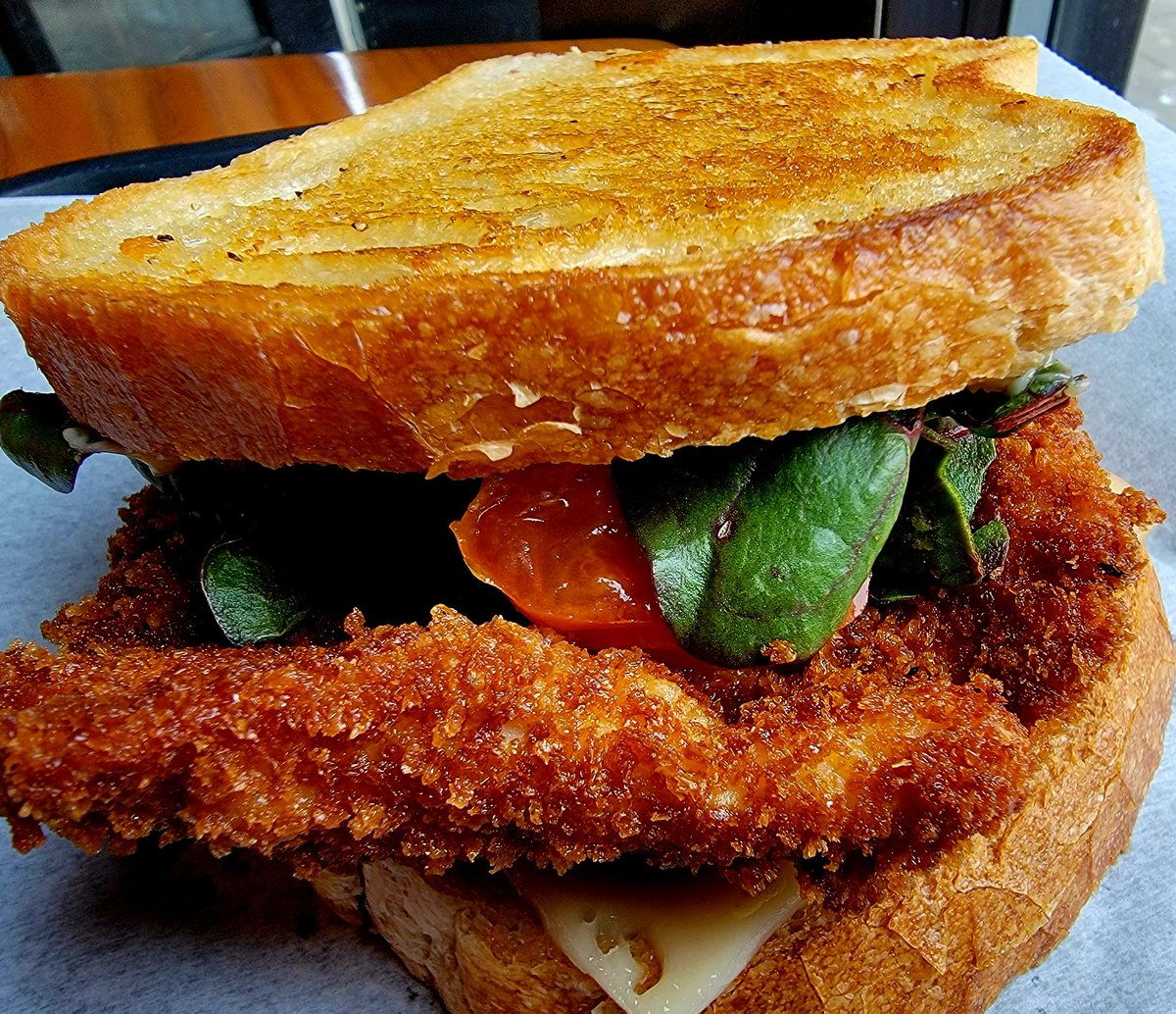 Block16Omaha's tweet photo. PCF chicken cutlet,tomato confit, chard, gruyere and roasted garlic-herb aioli on griddled sourdough.  Feeling a lil catholic? Get it with blackened salmon! Oxtail soup too. The kids here say this one slaps.....so be careful.  Get down here!!! https://t.co/XH09clZ1Qv