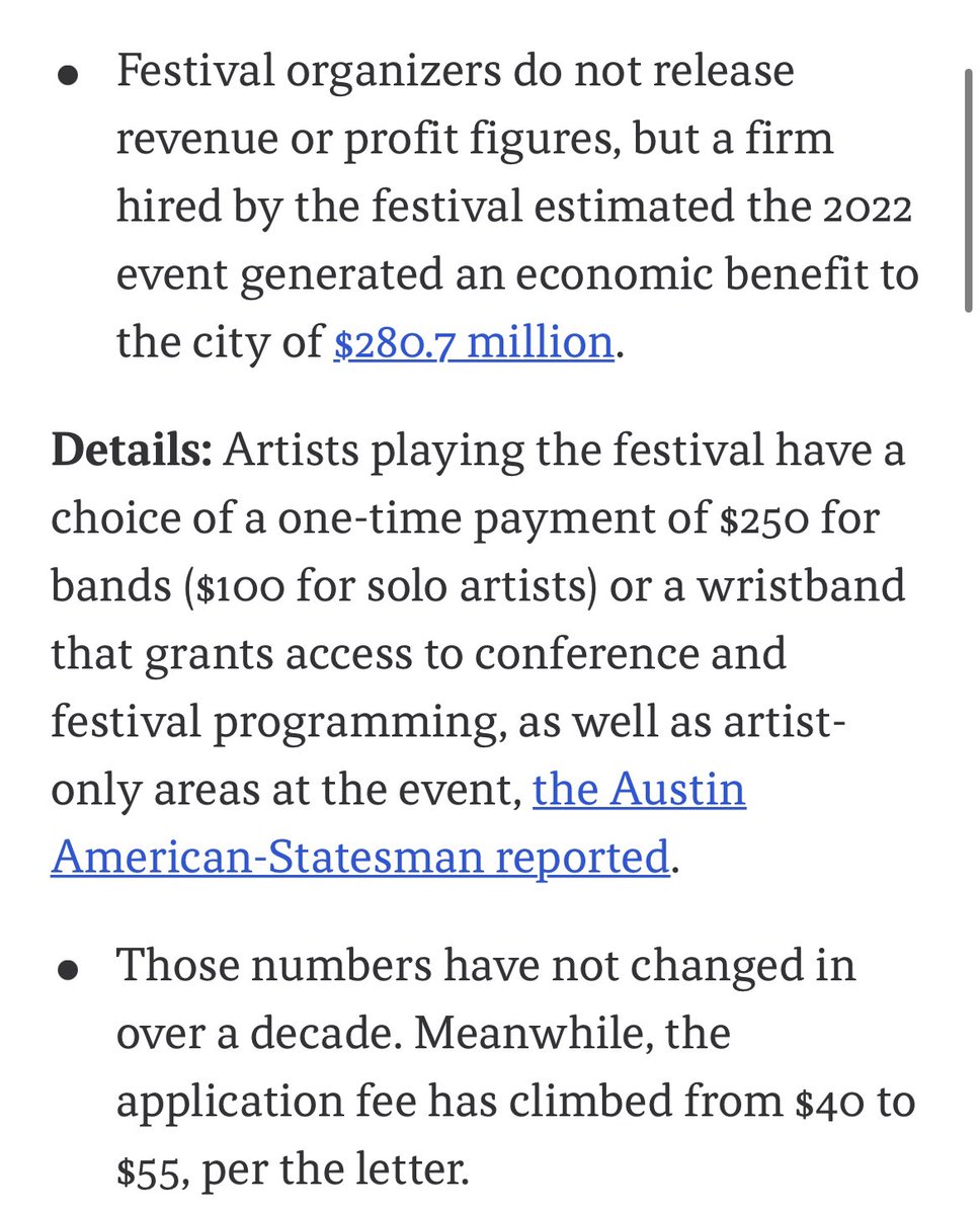 according to a new article from <a href="/axios/">Axios</a>, out of 1501 artists accepted to play at SXSW last year, only 128 chose payment over wristbands. 

SXSW paid $32,000 MAX to artists (if every act got $250).

It’s estimated that SXSW 2022 generated an economic benefit to the city of $280.7M.