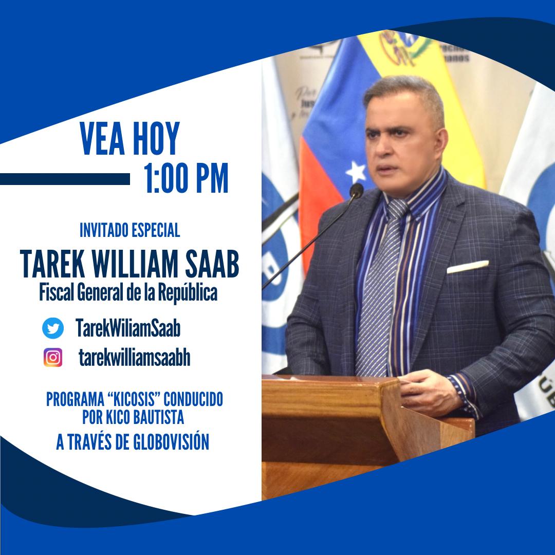 MinpublicoVEN's tweet image. #VEA #HOY El Fiscal General Tarek William Saab estará como invitado en el programa "Kikosis", conducido por Kiko Bautista.

Hora: 1 pm
Canal: Globovisión