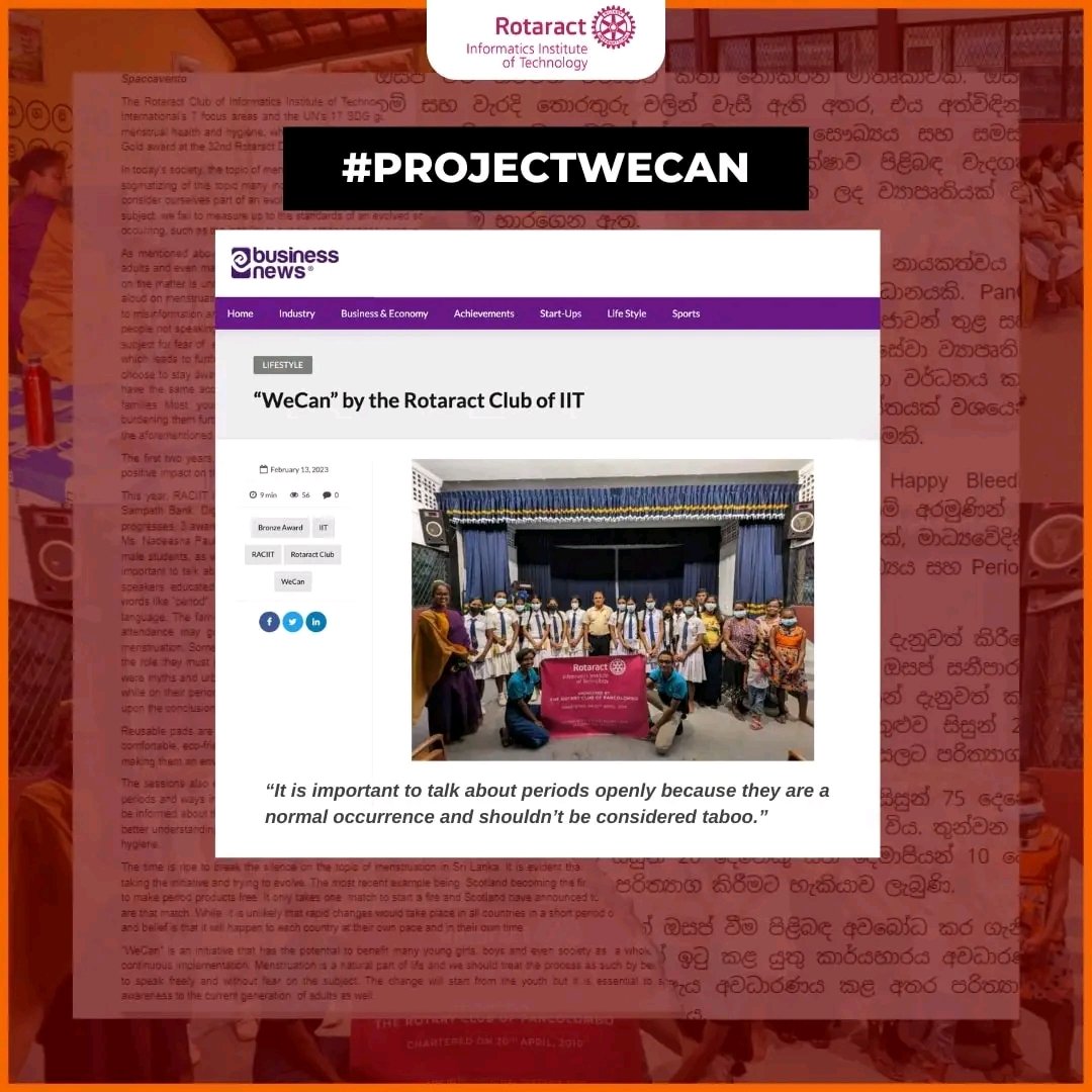 IITRotaract's tweet photo. Project WeCan, was featured on Lanka Business News✨
Read more on : https://t.co/K4JGOK9lbt
#ProjectWeCan #PeriodAwareness #CommunityService #WeCan #Menstruation #Awareness #BreakTheStigma #article #rotaract3220 #LearnServeandStrive #imaginerotary #RACIIT #weareraciit https://t.co/tukBd3WX9T