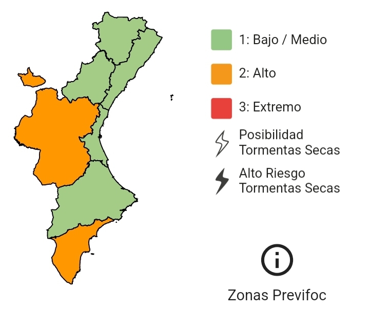 GVA112's tweet photo. 🔥El nivell de preemergència per risc d'incendis forestals per a demà 25/02 és: 

🟠alt  al sud i interior nord d'Alacant i a l'interior de València.

🟢baix mitjà a la resta de la Comunitat Valenciana. 

#StopAlFoc
#Previfoc 
#IIFF https://t.co/pLOcOHHAxH
