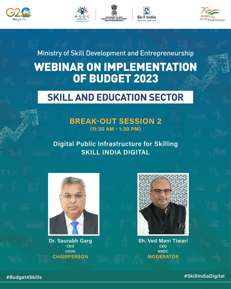 MSDESkillIndia's tweet photo. Proceeding further with the webinar, the second Breakout Session will be chaired by Dr. Saurabh Garg, CEO, UIDAI and the session will lead with conversations around the Skill India Digital platform in context of the recent Budget announcement. 
#Budget4Skills #SkillIndiaDigital https://t.co/1ldJ5dZNHm