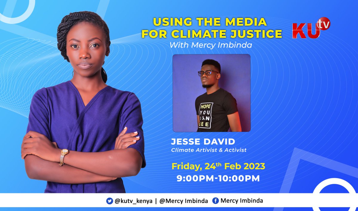 Tonight I get to interview a young man championing for climate justice using songs. Jesse David will be in studio tonight <a href="/kutv_kenya/">KUTV Kenya</a>. A conversation you definitely don't want to miss out on.
#climatechange
#ClimateJustice 
#usingthemediaforclimatejustice
#primetimenews
