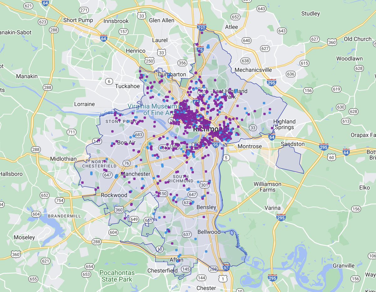 EfrainFucht's tweet photo. Map of entire homes in Richmond, Virginia available for short-term-rent (like Airbnb). #RVA https://t.co/e27UBazflB
