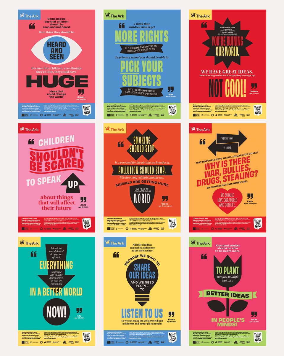 gazjonesdesign's tweet photo. Poster campaign for @TheArkDublin and @IrishRail in response to the thoughts of Irish children in relation to their rights. Part of this year’s #RHRNFest. Designed in collaboration with @GrahamThew. https://t.co/a4ZVW4aa70