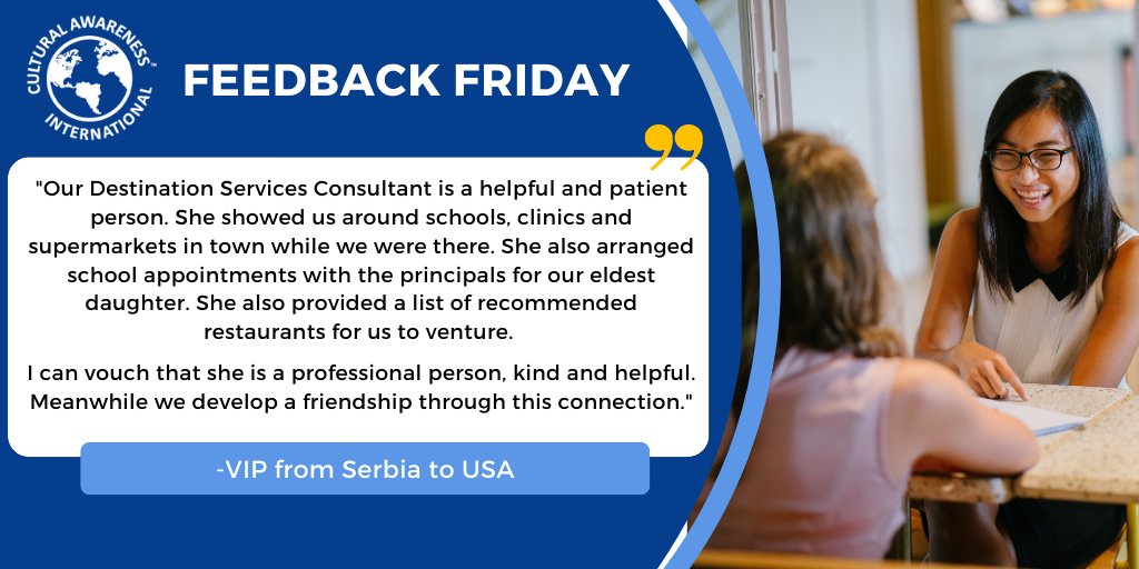 CulturalAdvice's tweet photo. CAI's Destination Services Consultants provide vital local support for transferees and become trusted friends along the way. 
#globalmobility #internationalworkassignment #destinationservices #feedbackfriday https://t.co/kl7HW4xxn9