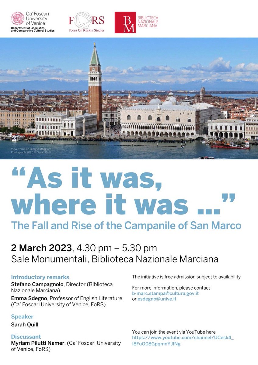 On 2nd March, Companion Sarah Quill is giving a lecture (zoomed live) for FoRS, the new Centre for Ruskin Studies at <a href="/CaFoscari/">Università Ca' Foscari Venezia</a> titled "As it was, where it was..." The fall and rise of the Campanile of San Marco. Details here: unive.it/pag/46300
