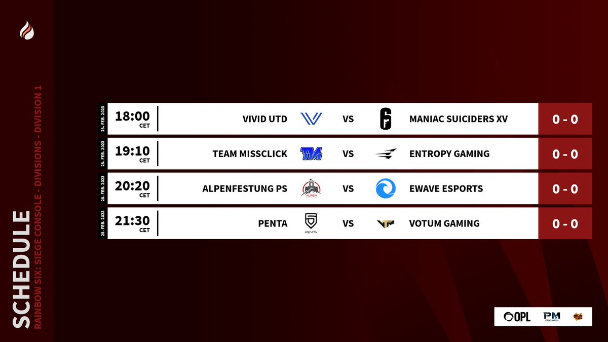 HuRRiCaNe (@harriger_harry) on Twitter photo On Tuesday the 28.02.2023 takes place the 3 matchday of the @FireLeagueDE Console League!!!
📺 twitch.tv/fearnixxgaming
Matches:
<a href="/VIVIDUTD/">VIVID UTD</a> vs <a href="/MS15R6/">Maniac Suiciders XV</a>
<a href="/TeamMissclick/">Teem Quq</a> vs <a href="/EntropyGaming/">Entropy</a>
<a href="/AlpenfestungOrg/">Alpenfestung Esports</a> vs <a href="/ewaveesports/">EWAVE ESPORTS🌊</a>
<a href="/PENTA_Sports/">PENTA</a> vs <a href="/VotumGaming/">Votum Gaming</a> On Tuesday the 28.02.2023 takes place the 3 matchday of the @FireLeagueDE Console League!!!
📺 twitch.tv/fearnixxgaming
Matches:
<a href="/VIVIDUTD/">VIVID UTD</a> vs <a href="/MS15R6/">Maniac Suiciders XV</a>
<a href="/TeamMissclick/">Teem Quq</a> vs <a href="/EntropyGaming/">Entropy</a>
<a href="/AlpenfestungOrg/">Alpenfestung Esports</a> vs <a href="/ewaveesports/">EWAVE ESPORTS🌊</a>
<a href="/PENTA_Sports/">PENTA</a> vs <a href="/VotumGaming/">Votum Gaming</a>