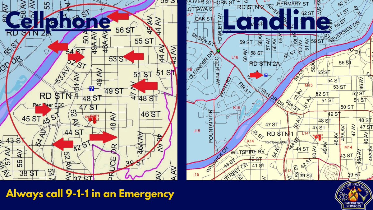 When we receive calls from cellphones your location is an estimate which can make locating you difficult. The diagram shows how we receive your info from a cell vs. a landline. Knowing your location when calling 9-1-1 saves valuable time. If a landline is available, use it.