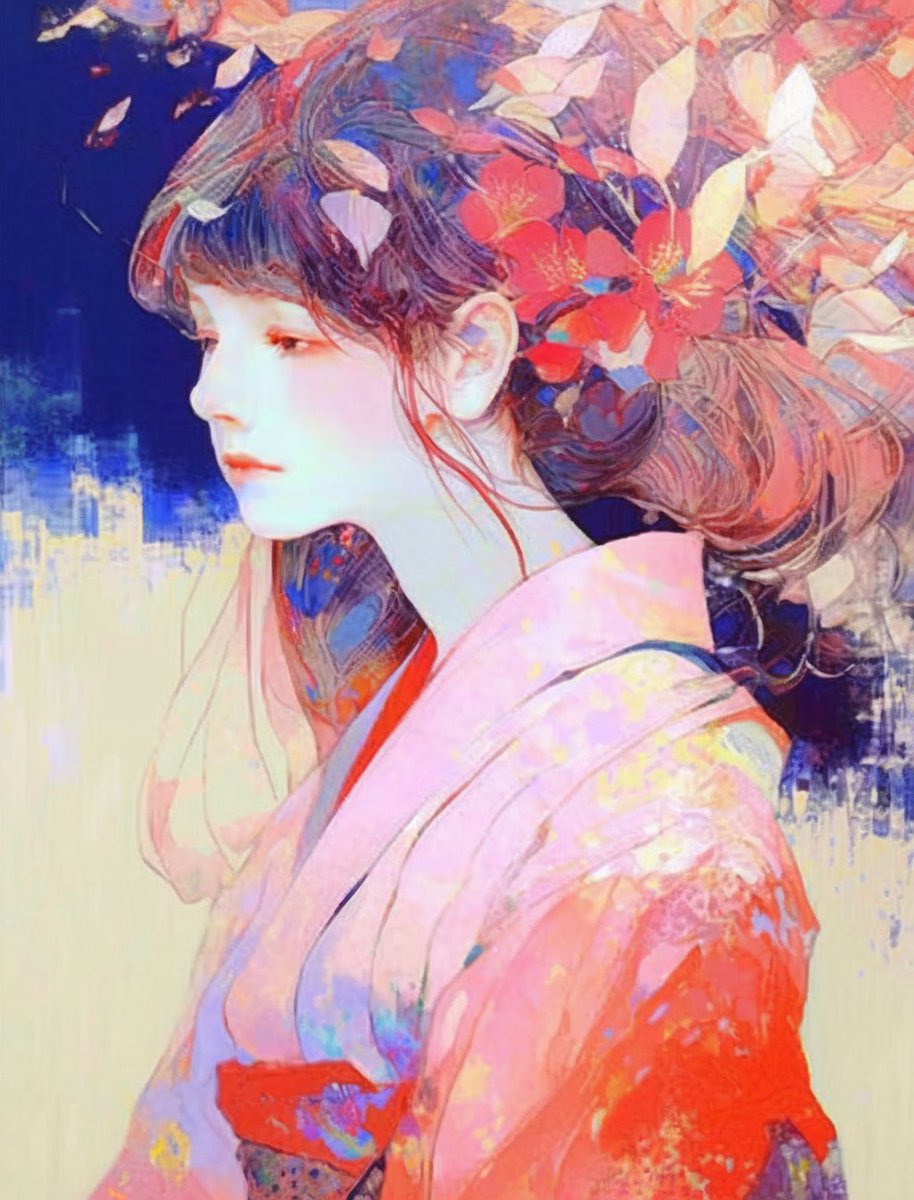 1girl solo japanese clothes kimono long hair upper body flower  illustration images
