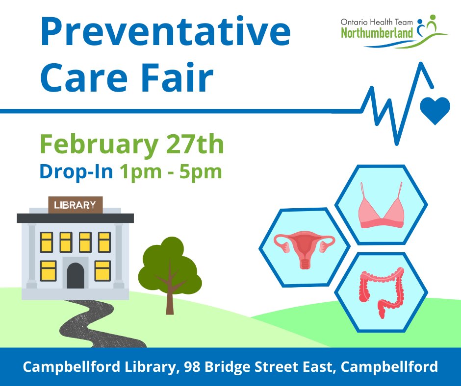 Come and join us for the OHT-N's second Preventative Care Fair on Monday, February 27th at the Trent Hills Public Library - Campbellford Branch, located at 98 Bridge St E. in Campbellford. 
❓Learn more: ohtnorthumberland.ca/en/ohtn/oht-n-…