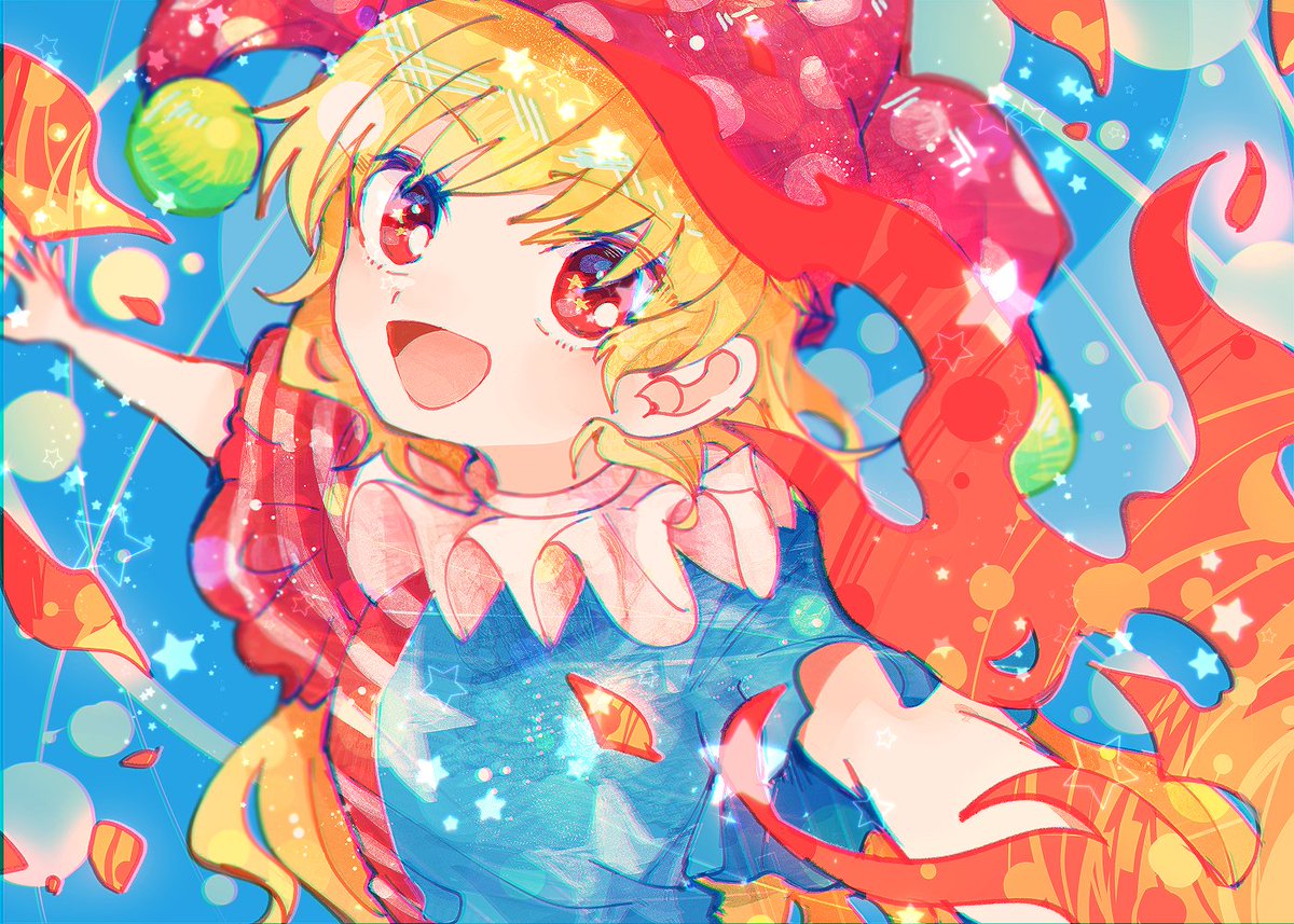 clownpiece 1girl solo open mouth star (symbol) hat blonde hair short sleeves  illustration images