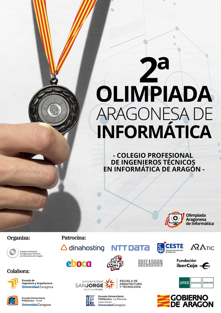 🗣️80 estudiantes participan mañana en la Final de la “II Olimpiada Aragonesa de Informática” organizada por <a href="/cpgiiaragon/">CPGIIAragón</a>.

Patrocina: <a href="/dinahosting/">Dinahosting</a> <a href="/NTTDataSpain/">NTT DATA España</a> <a href="/ceste_zgz/">CESTE</a> <a href="/S_AraTic/">ARATIC</a> <a href="/eboca/">eboca</a> <a href="/MILCOMICS/">Milcomics.com</a> @Brigadoonzgz 

ℹ️ bit.ly/3XWSVRW