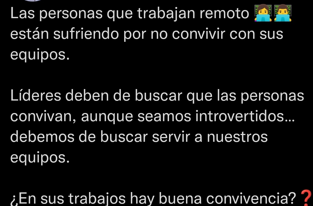 lizzieXhunter's tweet photo. Lo peor que puede hacer un líder es "buscar que los introvertidos convivamos" 
Es agotador que nos obliguen porque "es lo normal" convivir con todo mundo en la oficina.
Yo llevo 4 años trabajando remoto y no he sufrido en ningún momento. Al contrario, jamás he estado mejor 👾 https://t.co/Ey2Pcf9d9B