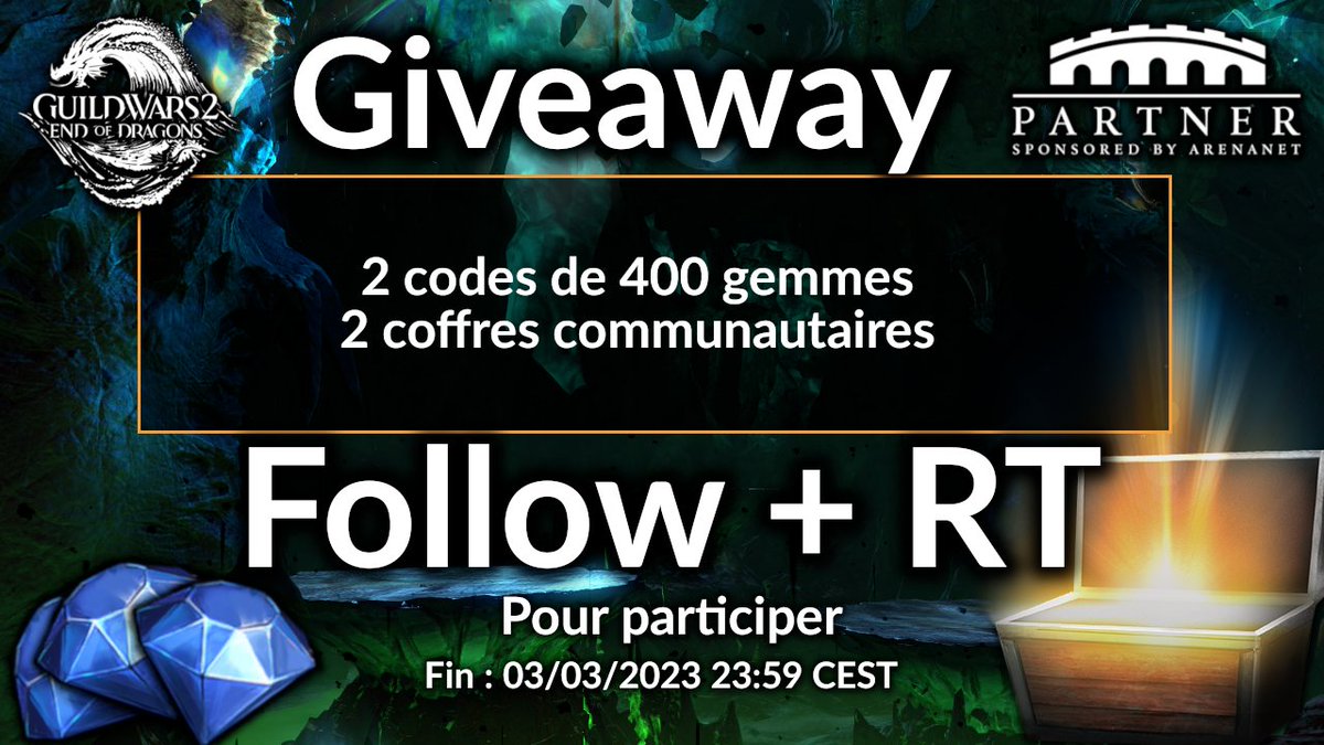 HistorienAtis's tweet photo. Concours #GuildWars2 !

A l'occasion de la suite de l'histoire qui arrive le 28/02, je vous propose un giveaway en partenariat avec ArenaNet.

▶️2 codes de 400 💎
▶️2 coffres communautaires

4 gagnants 😎

Pour participer :
��RT + Follow

TAS : 03/03/2023 23h59 CEST https://t.co/gSPN3xFl5u