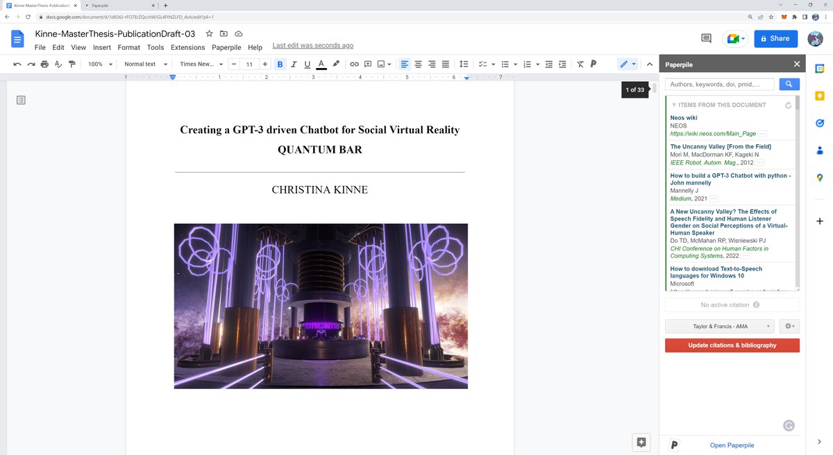 XaosPrincess's tweet photo. Stoked to be polishing my @DigNarratives #MAThesis for a #Publication in @transcriptweb 💜📖😎
TYSM @gsf & @martinga for the great chance to write under your inspiring #Supervision and a shout-out to @paperpile for understanding my #WritersStateOfMind & making #Citing a cakewalk! https://t.co/PIw2Lkfvgh