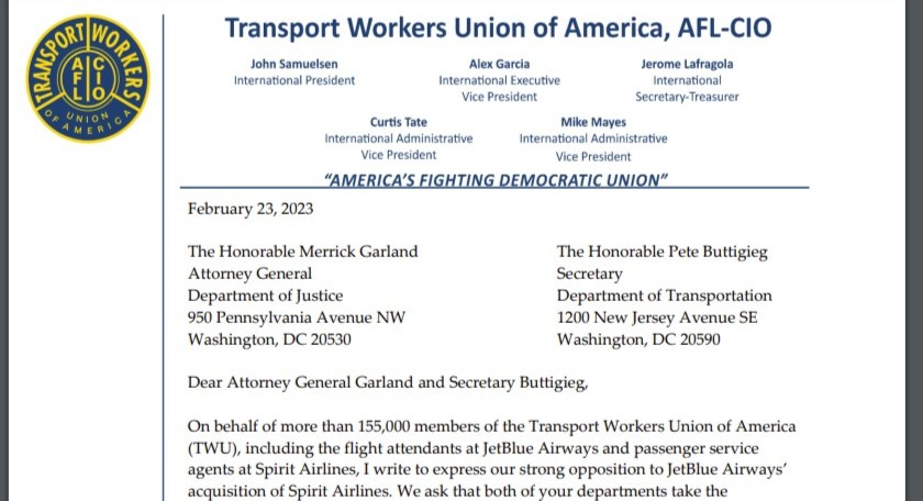 AviationPros (@aviation_pros) on Twitter photo TWU (<a href="/transportworker/">TWU</a>) is calling on <a href="/TheJusticeDept/">U.S. Department of Justice</a> and <a href="/USDOT/">U.S. Department of Transportation</a> to take steps necessary to prevent the hostile acquisition of <a href="/SpiritAirlines/">Spirit Airlines</a> by <a href="/JetBlue/">JetBlue</a>: aviationpros.com/53026560 #airlines #groundhandling TWU (<a href="/transportworker/">TWU</a>) is calling on <a href="/TheJusticeDept/">U.S. Department of Justice</a> and <a href="/USDOT/">U.S. Department of Transportation</a> to take steps necessary to prevent the hostile acquisition of <a href="/SpiritAirlines/">Spirit Airlines</a> by <a href="/JetBlue/">JetBlue</a>: aviationpros.com/53026560 #airlines #groundhandling