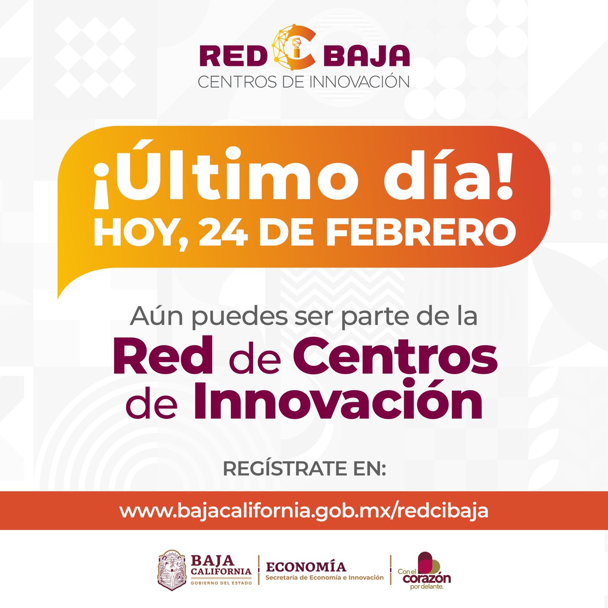 SecEconomiabc's tweet photo. ‼️ ¡Último día de registro! 📢
👉 Ingresa hoy mismo en:
https://t.co/jzFbyjZvDj
para formar parte de la Red de Centros de Innovación: RED CI BAJA ⚙️💡
¡NO TE QUEDES FUERA! 🙌🏼
.
.
.
#SEI #SEIBC #GobBC #CentrosDeInnovación #Innova #Tech #RedCIBC #Innovación #Tecnología https://t.co/3WmALJkOqX