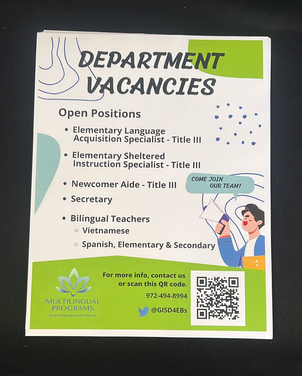 TaraSowels's tweet photo. Come visit our table at the National Best Practices Conference. We are hiring the best and brightest for our Emergent Bilingual students! #NBPC2023 @gisdnews @GarlandISD_HR #NBPC @GISD4EBs #GISD4EBs https://t.co/lKzfqbiAEa