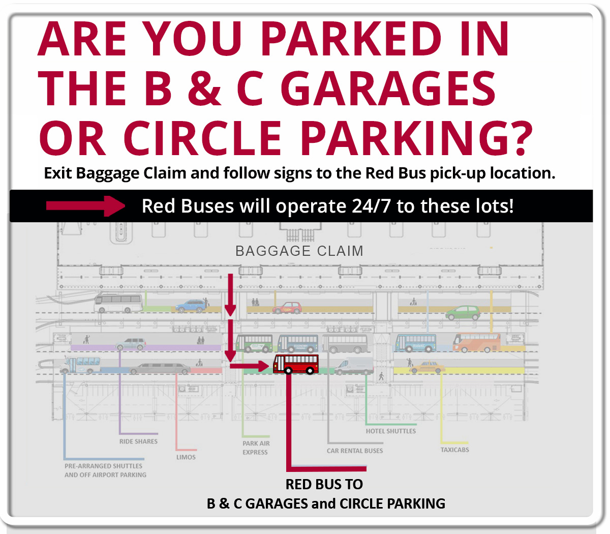 Fly_KansasCity's tweet photo. Departing before 2/28 &amp; returning after? Garage and Circle parking note: Use Red Bus service from the New Terminal’s commercial curb over to terminals B and C. From lower Arrivals level, follow signs for Red Bus. Economy parking will be served by Blue Bus at commercial curb. https://t.co/IqQ9QG6aqE