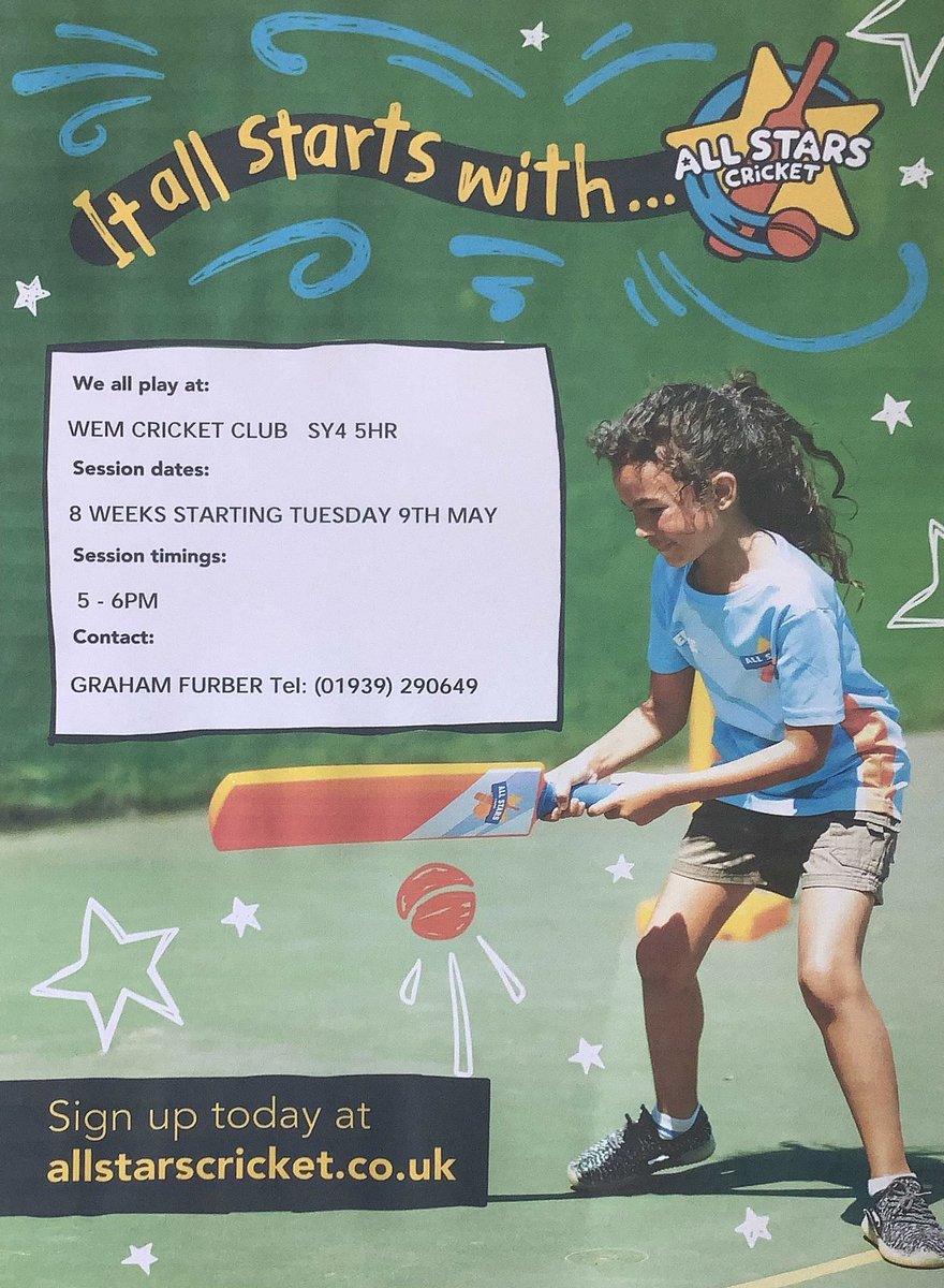 GrahamFurber's tweet photo. Registrations now open @WemCricketClub. Eight weeks of fun cricket awaits! https://t.co/VEpHTPvAAe