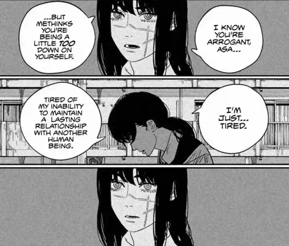 cerubium's tweet photo. #CSM121 afterthoughts - a🧵-
Actually, this really does hit so much harder when you consider how shocked even Yoru looks at Asa when the latter admits to her presumed "inability to maintain a lasting relationship with another human being" (1) https://t.co/SQ9FXdAwuo