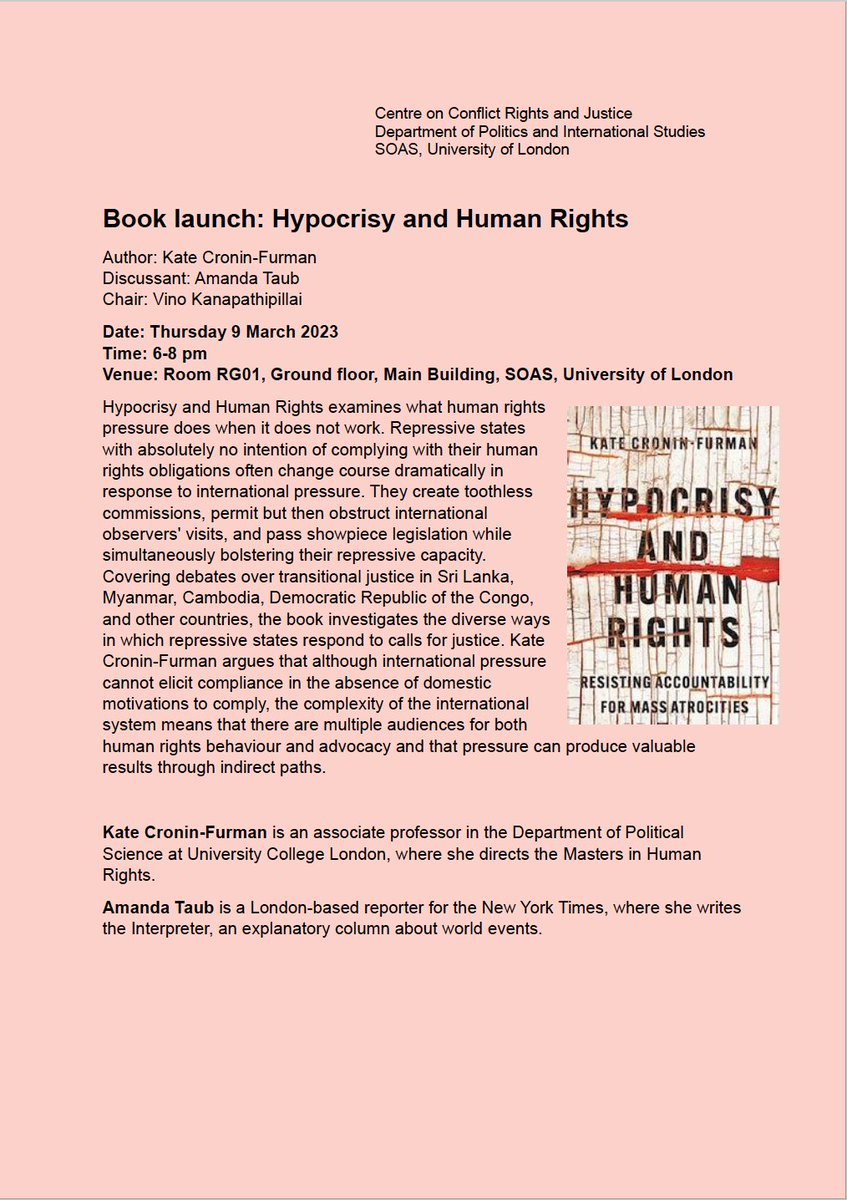 CCRJ (@soasccrj) on Twitter photo 📢 Book Launch:
Hypocrisy and Human Rights, by Kate Cronin-Furman <a href="/kcroninfurman/">Kate Cronin-Furman</a>, with discussant <a href="/amandataub/">Amanda Taub</a>. The event will be chaired by CCRJ Co-Director Vino Kanapathipillai. Register here: eventbrite.co.uk/e/book-launch-… 📢 Book Launch:
Hypocrisy and Human Rights, by Kate Cronin-Furman <a href="/kcroninfurman/">Kate Cronin-Furman</a>, with discussant <a href="/amandataub/">Amanda Taub</a>. The event will be chaired by CCRJ Co-Director Vino Kanapathipillai. Register here: eventbrite.co.uk/e/book-launch-…