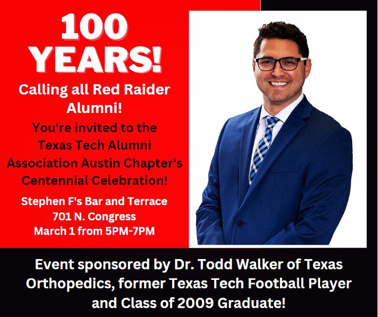 Guns up!  Come celebrate the Texas Tech Centennial!! @TexasTechAustin <a href="/TTUAlumniAssoc/">Texas Tech Alumni Association</a> <a href="/TexasOrthopedic/">Orthopedic Surgeon</a>