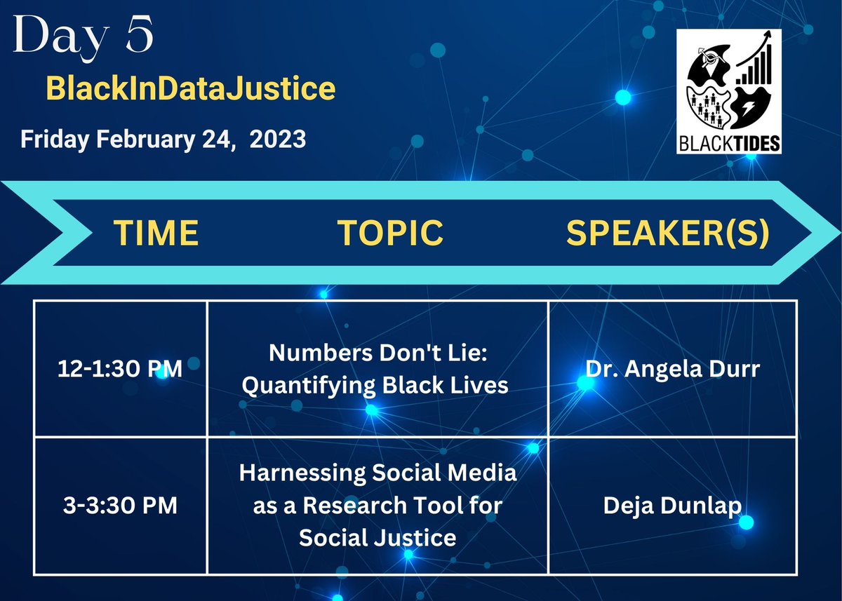 We'd like to thank everyone for attending BIDWeek 2023 and we appreciate your support!

It's Day 5, #BlackInDataJustice and here are our events for today. #BlackTIDES #BlkNData #BlackNDataJustice