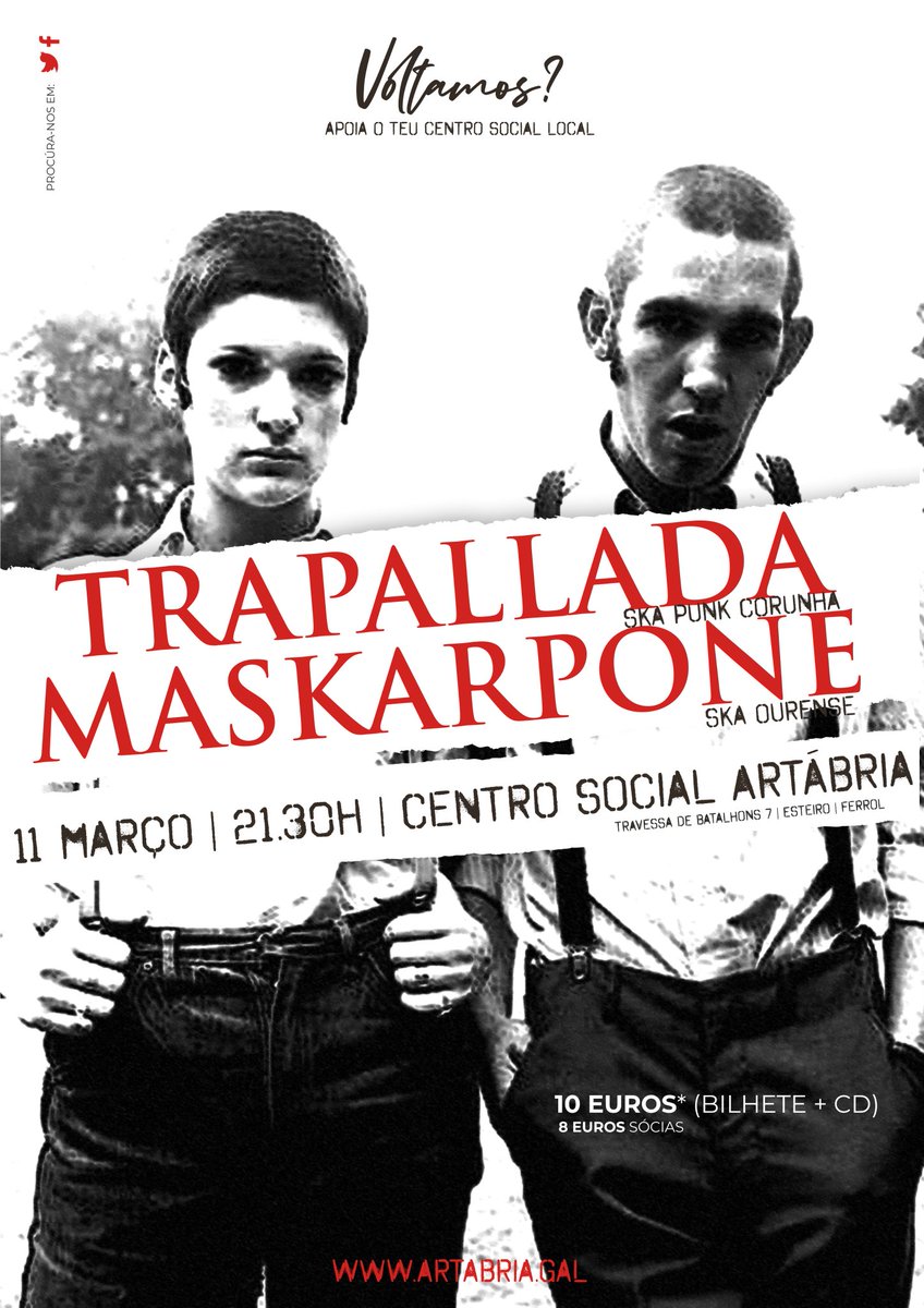 📢 Atençom #Ferrol que voltam os concertos à <a href="/FArtabria/">Associaçom Cultural Artábria</a>‼️

📅 11 de março
🕐 21.30h

🧷 <a href="/TrapalladaEoe/">TRAPALLADA</a> + Maskarpone

▪️10€ 🎫 + 💿
▪️8€ (sócias)

#CulturaPopular #ApoiaOteuCentroSocialLocal