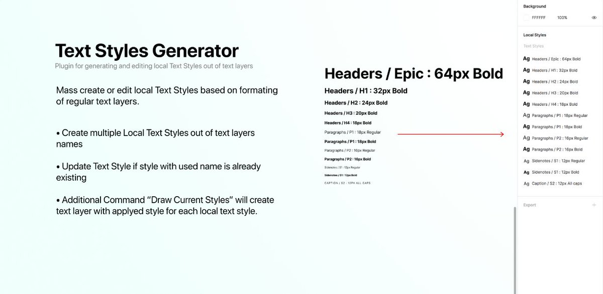 dotnocturn's tweet image. Text Styles Generator

Say goodbye to the tedious task of manually creating text styles in Figma. With the Text Styles Generator plugin, you can create text styles in seconds! @aswellasyouare #figma #textstyles #productivity