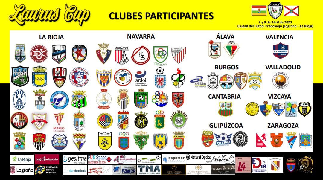 LAURUS CUP | Os presentamos a todos los clubes inscritos a día de hoy. ⏩ 10 provincias ⏩ 68 clubes ⏩ 244 equipos ⏩ 3000 jugadores 🔊 ¡Últimas plazas! ¿Tienes una empresa o negocio y quieres colaborar con el Torneo? Infórmate 👉 ☎️ 675071393 #LaurusCup2023