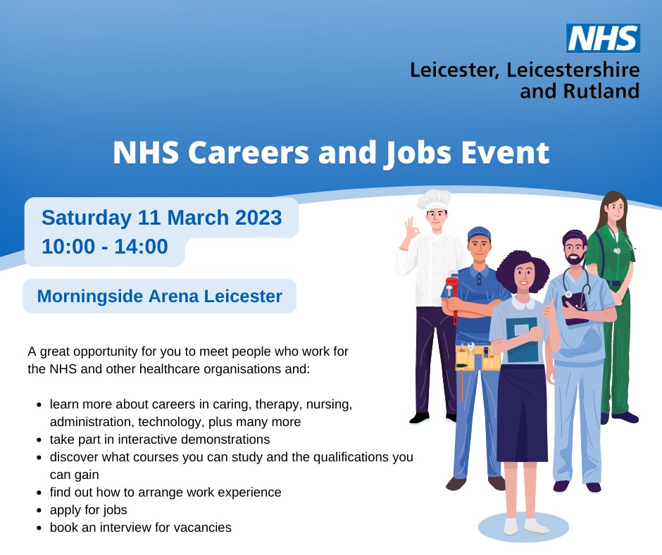 Join us 2 weeks tomorrow at our huge Careers & Jobs event: ✔️Find out about vast range of roles ✔️Info on courses, apprenticeships, work experience & volunteering ✔️Expert help with applications & interviews 🗓️Sat 11 Mar 10-2 @LeicesterArena More here: bit.ly/Careers11thMar