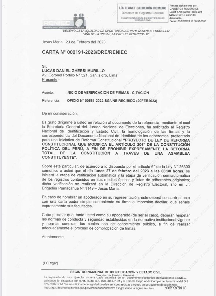 #URGENTE  📃La RENIEC nos acaba de notificar la citación para el lunes 27 de febrero a las 08:30 horas con la finalidad de poder iniciar la homologación de nuestras más de 600 mil firmas.  1/2