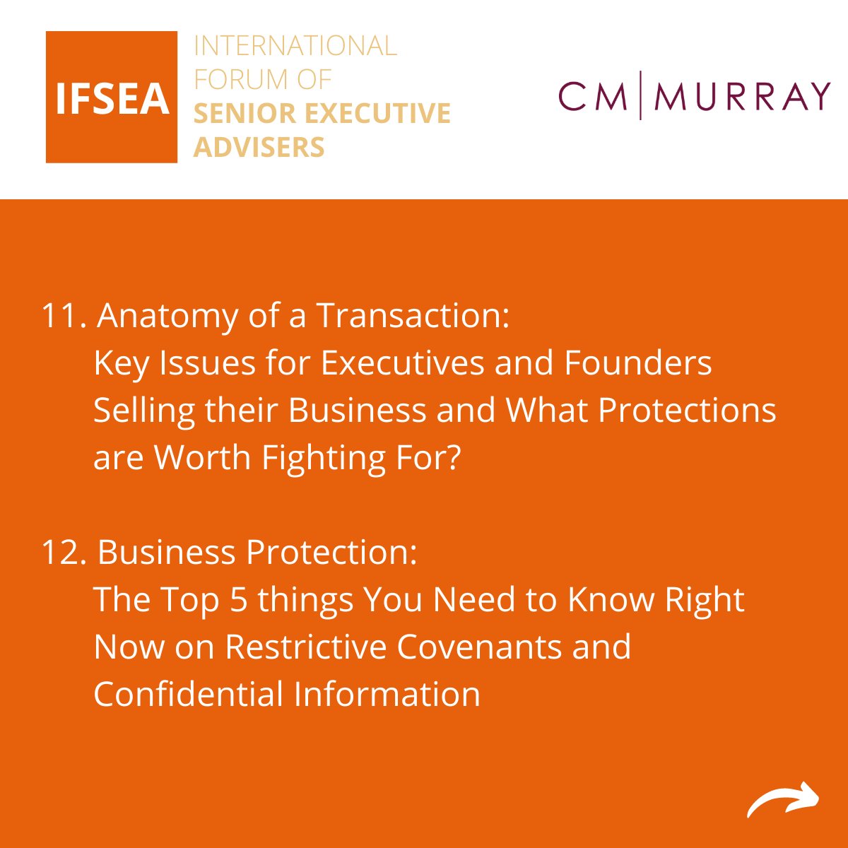 🔔 The annual IFSEA conference programme on all things #SeniorExecutive and #Founder is here! Come and join us on 20 June 2023 in London 🔔 📝 Register to attend: cm-murray.com/wp-content/upl…
Confirmed panel topics below: #RegulatoryLaw #IFSEAConference2023