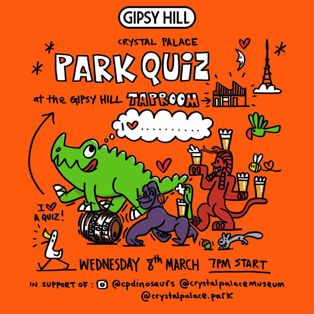 cpdinosaurs's tweet photo. 🦖 CRYSTAL PALACE 🤝 PUB QUIZ 🦖 
Yes! Put your South London knowledge to the test at our Crystal Palace Park Quiz!

📍 The Gipsy Hill Taproom
🗓 Wednesday 8th March  
⏱ Quiz starts 7pm
🏆 £75 bar tab for the winners  
🦕 £3pp entry
🔗 book your table: https://t.co/6X8zlrIWVM https://t.co/IXwn54OH5L