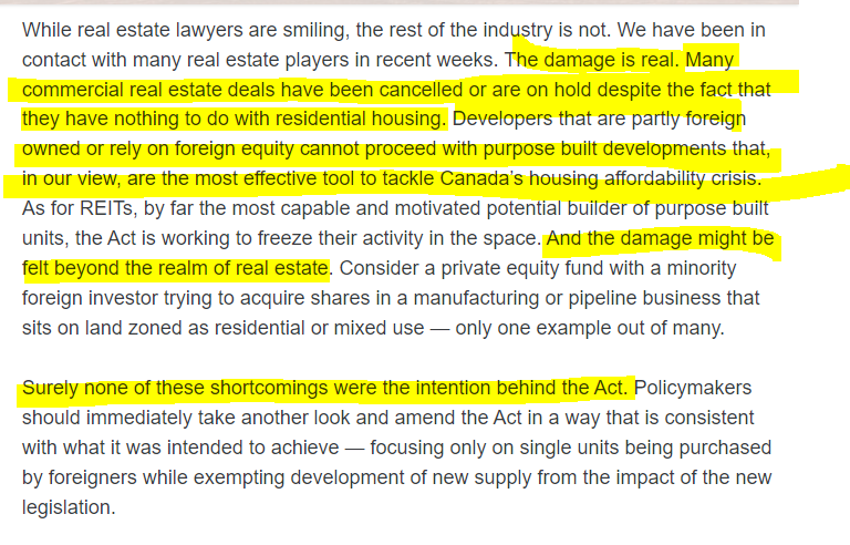 In note to clients, CIBC economist Benjamin Tal says Canada Liberal Govt must rewrite its law banning foreign ownership of homes, due to unintended consequences rippling through the commercial real-estate sector. An excerpt: