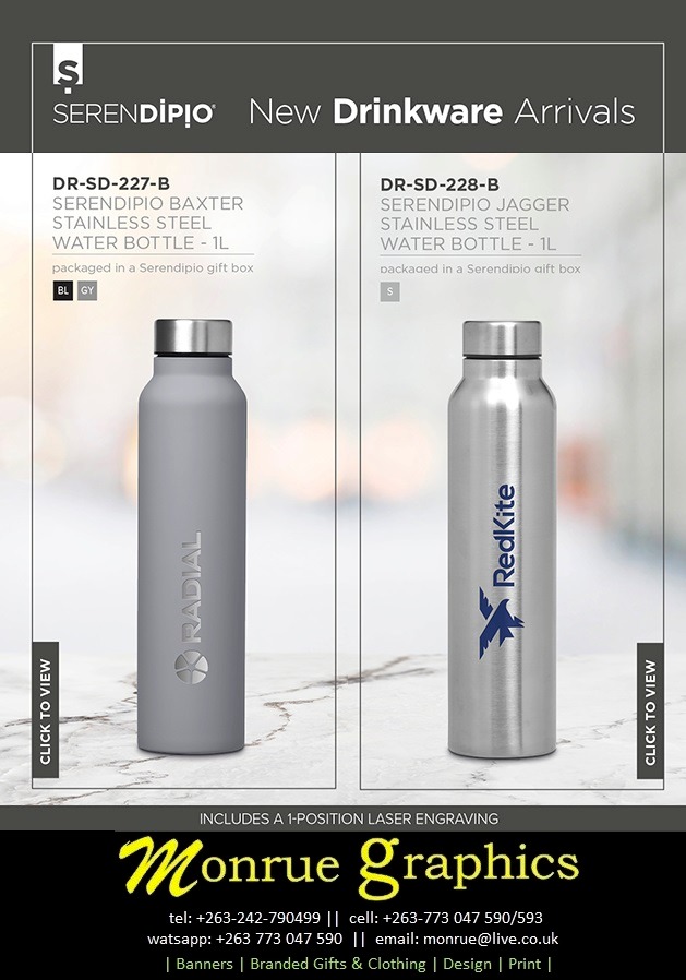 mongraphics's tweet image. Serendipio | New 1 Litre Drinkware
Hit your daily hydration targets with these large 1 Litre, single-wall water bottles, which are made from durable, food grade stainless steel.
Min order units apply.

Call or Watsapp on +263 773 047 590 or email monrue@live.co.uk