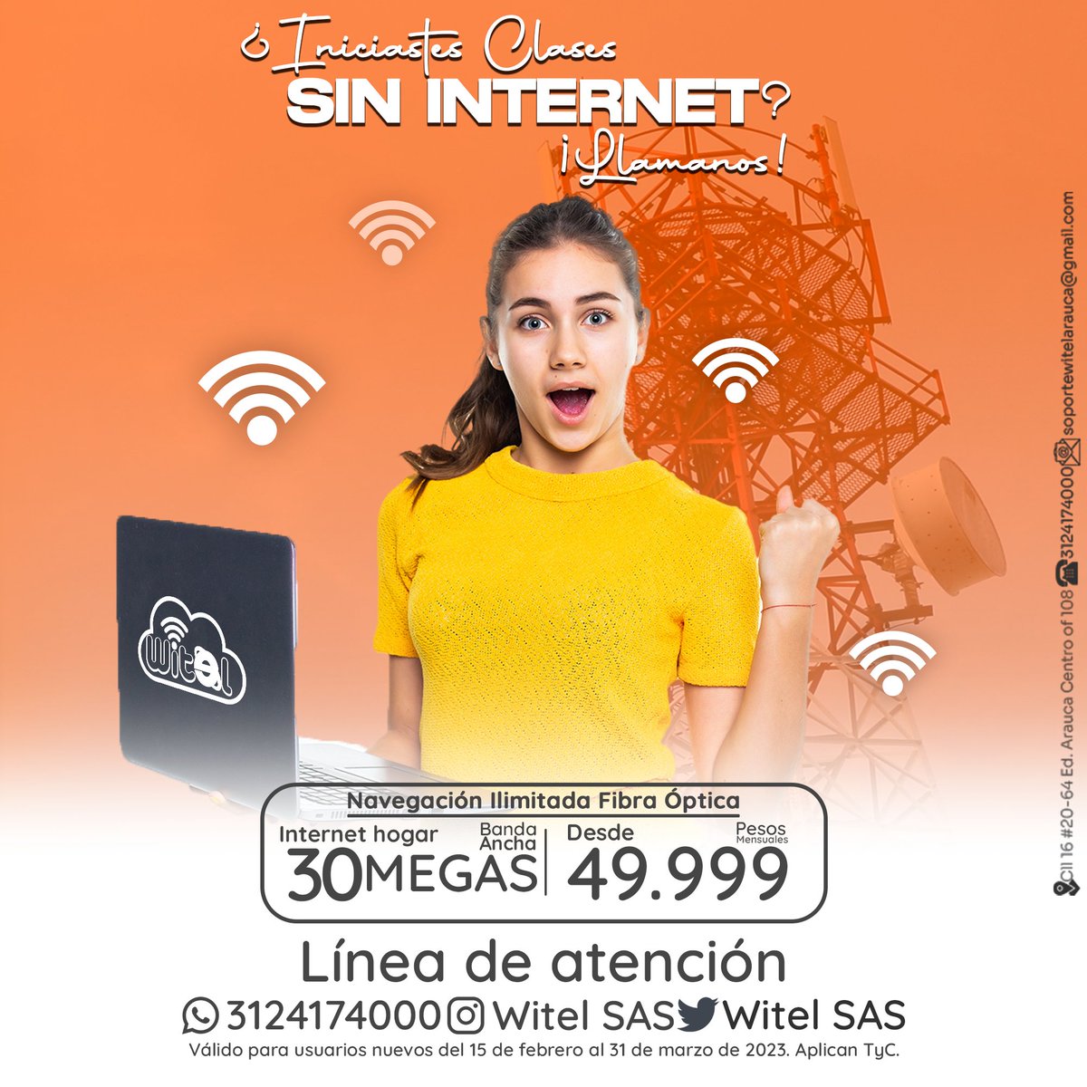 witelsas's tweet photo. Iniciaste clases y aún no cuentas con servicio de internet?  Hoy tenemos para tí un plan para que no te pierdas ninguna de tus clases y webinars.

#Internet #Arauca #Conexiones #Witel #Fibra #FibraOptica #MinTic https://t.co/4cmCwVI5sh