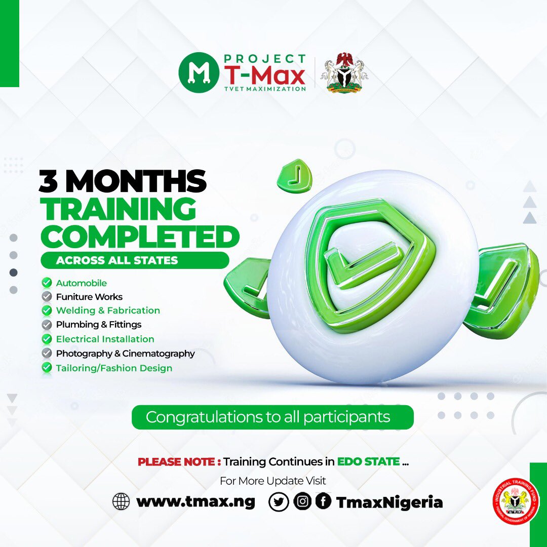 felabankolemoh's tweet photo. Project TMAX Concluded It’s 3-Month Skills Training Across All States Except Edo…
Congratulations to all Successful Participants!
#projecttmax #projecttmaxkaduna #projecttmaxlagos #projecttmaxogun #projecttmaxgombe #projecttmaxnasarawa #projecttmaxenugu #fbo #felabankolemoh https://t.co/se8Iy7yAQc