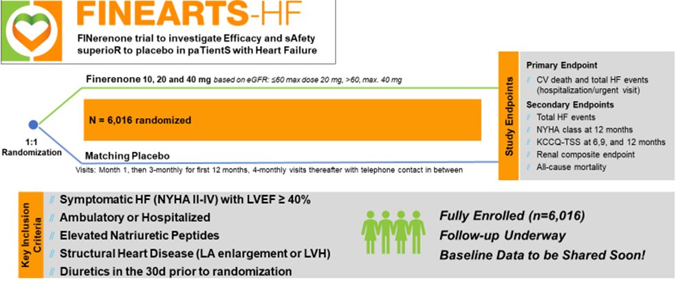 #FINEARTSHF, the largest trial of an MRA in HFpEF, is now fully enrolled!

6⃣0⃣1⃣6⃣ participants

Many kudos to all investigators & pts worldwide.

Will finerenone achieve the holy grail of MR antagonism: better HF outcomes without excessive hyperkalemia?

clinicaltrials.gov/ct2/show/NCT04…